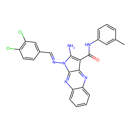 (E)-2-amino-1-((3,4-dichlorobenzylidene)amino)-N-(m-tolyl)-1H-pyrrolo[2,3-b]quinoxaline-3-carboxamide structure