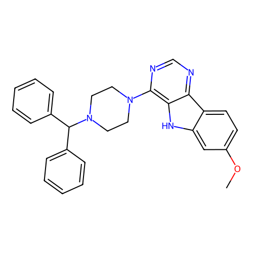 4-(4-benzhydrylpiperazin-1-yl)-7-methoxy-5H-pyrimido[5,4-b]indole structure