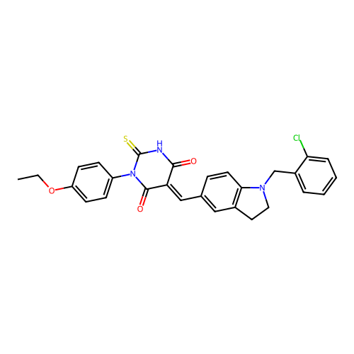 (5E)-5-[[1-[(2-chlorophenyl)methyl]-2,3-dihydroindol-5-yl]methylidene]-1-(4-ethoxyphenyl)-2-sulfanylidene-1,3-diazinane-4,6-dione structure