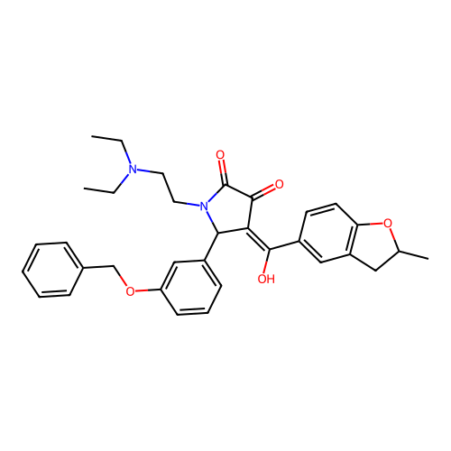 (4E)-1-(2-diethylaminoethyl)-4-[hydroxy-(2-methyl-2,3-dihydro-1-benzofuran-5-yl)methylidene]-5-(3-phenylmethoxyphenyl)pyrrolidine-2,3-dione structure