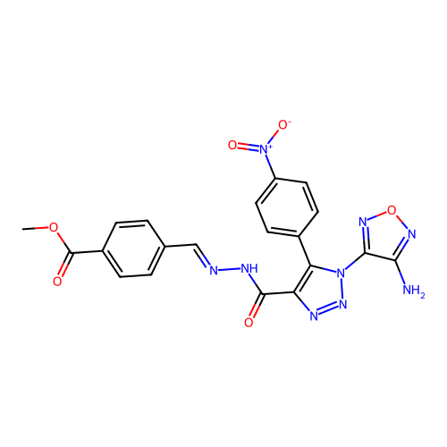 (E)-methyl 4-((2-(1-(4-amino-1,2,5-oxadiazol-3-yl)-5-(4-nitrophenyl)-1H-1,2,3-triazole-4-carbonyl)hydrazono)methyl)benzoate structure