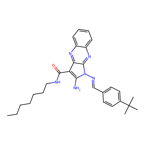 (E)-2-amino-1-((4-(tert-butyl)benzylidene)amino)-N-heptyl-1H-pyrrolo[2,3-b]quinoxaline-3-carboxamide structure