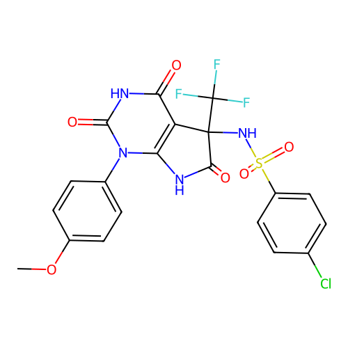 4-chloro-N-(1-(4-methoxyphenyl)-2,4,6-trioxo-5-(trifluoromethyl)-2,3,4,5,6,7-hexahydro-1H-pyrrolo[2,3-d]pyrimidin-5-yl)benzenesulfonamide structure