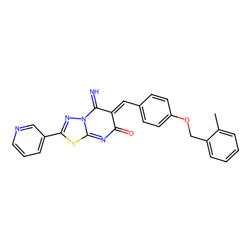 (6Z)-5-imino-6-[[4-[(2-methylphenyl)methoxy]phenyl]methylidene]-2-pyridin-3-yl-[1,3,4]thiadiazolo[3,2-a]pyrimidin-7-one structure
