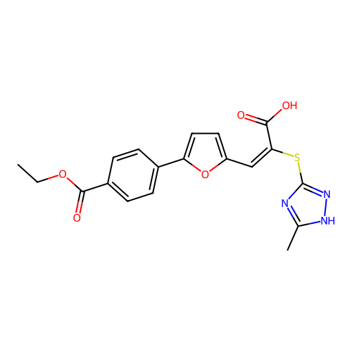 (2E)-3-{5-[4-(ethoxycarbonyl)phenyl]furan-2-yl}-2-[(3-methyl-1H-1,2,4-triazol-4-ium-5-yl)sulfanyl]prop-2-enoate structure