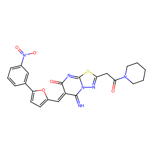 (6Z)-5-imino-6-[[5-(3-nitrophenyl)furan-2-yl]methylidene]-2-(2-oxo-2-piperidin-1-ylethyl)-[1,3,4]thiadiazolo[3,2-a]pyrimidin-7-one structure