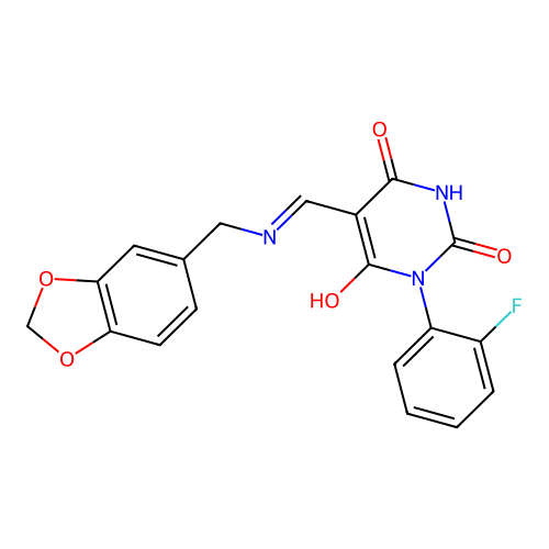 (5Z)-5-[(1,3-benzodioxol-5-ylmethylamino)methylidene]-1-(2-fluorophenyl)-1,3-diazinane-2,4,6-trione structure