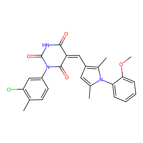 (5Z)-1-(3-chloro-4-methylphenyl)-5-[[1-(2-methoxyphenyl)-2,5-dimethylpyrrol-3-yl]methylidene]-1,3-diazinane-2,4,6-trione structure