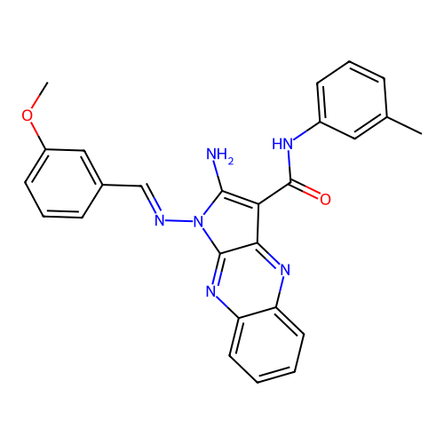 (E)-2-amino-1-((3-methoxybenzylidene)amino)-N-(m-tolyl)-1H-pyrrolo[2,3-b]quinoxaline-3-carboxamide structure