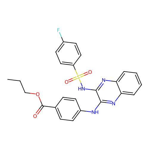 Propyl 4-[(3-{[(4-fluorophenyl)sulfonyl]amino}quinoxalin-2-yl)amino]benzoate structure