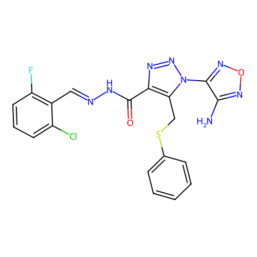 (E)-1-(4-amino-1,2,5-oxadiazol-3-yl)-N'-(2-chloro-6-fluorobenzylidene)-5-((phenylthio)methyl)-1H-1,2,3-triazole-4-carbohydrazide structure