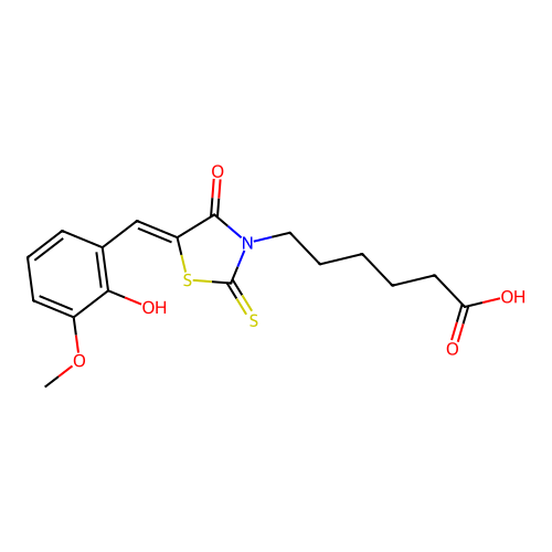 (Z)-6-(5-(2-hydroxy-3-methoxybenzylidene)-4-oxo-2-thioxothiazolidin-3-yl)hexanoic acid structure