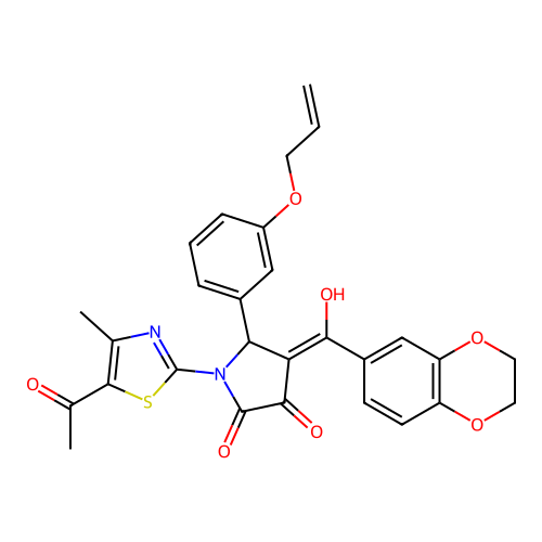 (4E)-1-(5-acetyl-4-methyl-1,3-thiazol-2-yl)-4-[2,3-dihydro-1,4-benzodioxin-6-yl(hydroxy)methylidene]-5-(3-prop-2-enoxyphenyl)pyrrolidine-2,3-dione structure