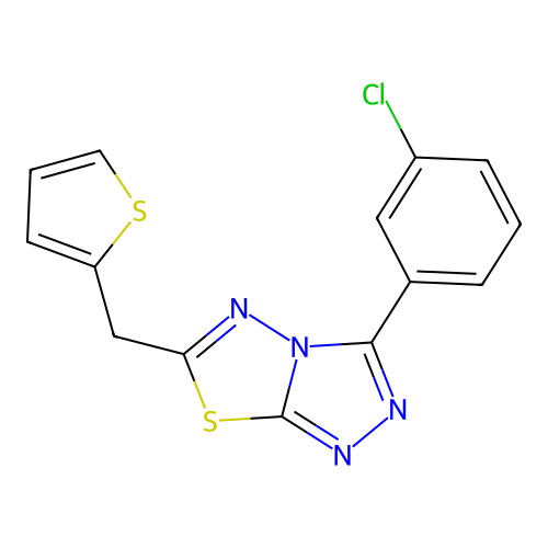 3-(3-chlorophenyl)-6-(thiophen-2-ylmethyl)-[1,2,4]triazolo[3,4-b][1,3,4]thiadiazole structure