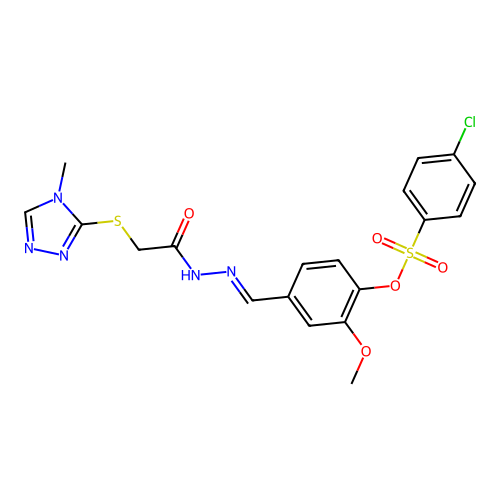 (E)-2-methoxy-4-((2-(2-((4-methyl-4H-1,2,4-triazol-3-yl)thio)acetyl)hydrazono)methyl)phenyl 4-chlorobenzenesulfonate structure