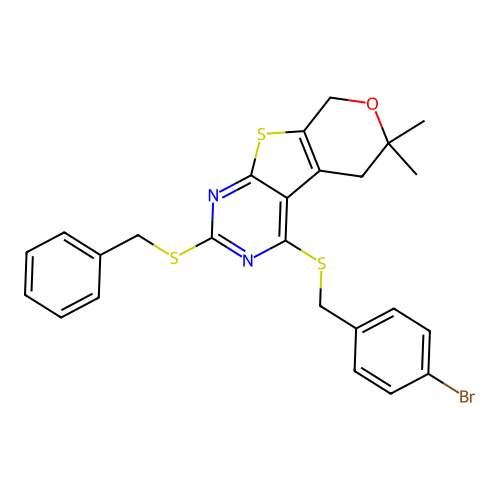 2-(benzylsulfanyl)-4-[(4-bromobenzyl)sulfanyl]-6,6-dimethyl-5,8-dihydro-6H-pyrano[4',3':4,5]thieno[2,3-d]pyrimidine structure