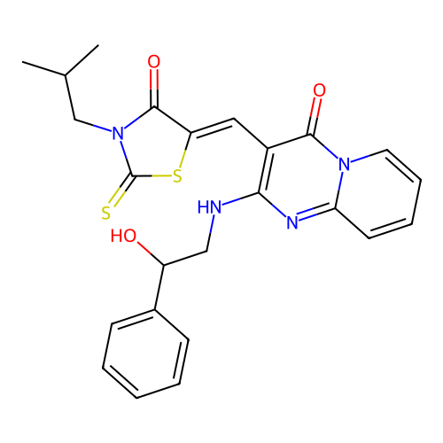 2-[(2-hydroxy-2-phenylethyl)amino]-3-{(Z)-[3-(2-methylpropyl)-4-oxo-2-thioxo-1,3-thiazolidin-5-ylidene]methyl}-4H-pyrido[1,2-a]pyrimidin-4-one structure