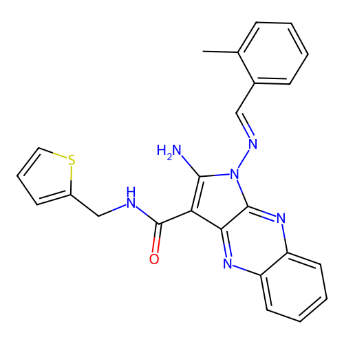 (E)-2-amino-1-((2-methylbenzylidene)amino)-N-(thiophen-2-ylmethyl)-1H-pyrrolo[2,3-b]quinoxaline-3-carboxamide structure