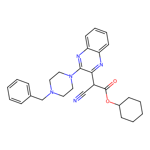 Cyclohexyl [3-(4-benzylpiperazin-1-yl)quinoxalin-2-yl](cyano)acetate structure