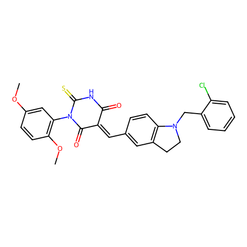 (5E)-5-[[1-[(2-chlorophenyl)methyl]-2,3-dihydroindol-5-yl]methylidene]-1-(2,5-dimethoxyphenyl)-2-sulfanylidene-1,3-diazinane-4,6-dione structure