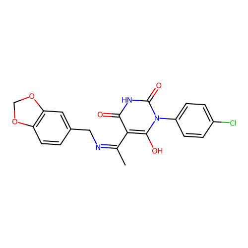 (E)-5-(1-((benzo[d][1,3]dioxol-5-ylmethyl)amino)ethylidene)-1-(4-chlorophenyl)pyrimidine-2,4,6(1H,3H,5H)-trione structure