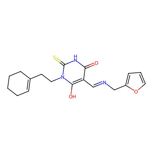 (5Z)-1-[2-(cyclohex-1-en-1-yl)ethyl]-5-{[(furan-2-ylmethyl)amino]methylidene}-2-sulfanylpyrimidine-4,6(1H,5H)-dione structure