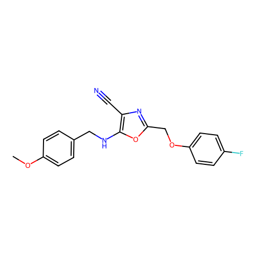 2-[(4-fluorophenoxy)methyl]-5-[(4-methoxybenzyl)amino]-1,3-oxazole-4-carbonitrile structure
