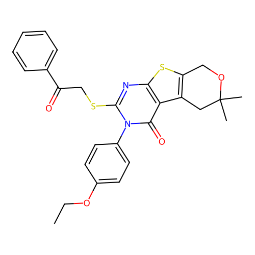 3-(4-ethoxyphenyl)-6,6-dimethyl-2-((2-oxo-2-phenylethyl)thio)-5,6-dihydro-3H-pyrano[4',3':4,5]thieno[2,3-d]pyrimidin-4(8H)-one structure