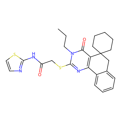 2-((4-oxo-3-propyl-4,6-dihydro-3H-spiro[benzo[h]quinazoline-5,1'-cyclohexan]-2-yl)thio)-N-(thiazol-2-yl)acetamide structure