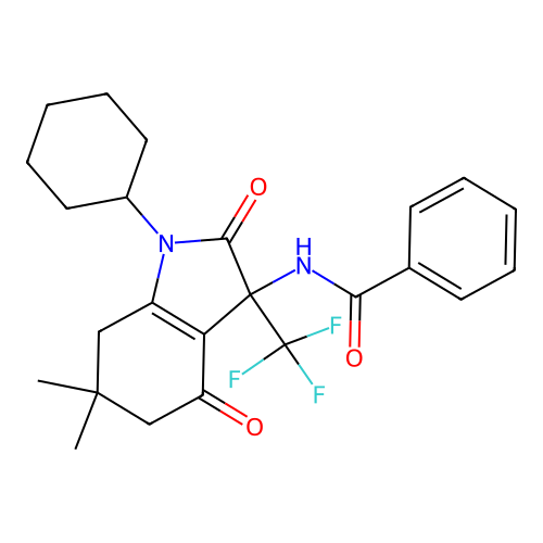 N-[1-cyclohexyl-6,6-dimethyl-2,4-dioxo-3-(trifluoromethyl)-5,7-dihydroindol-3-yl]benzamide structure