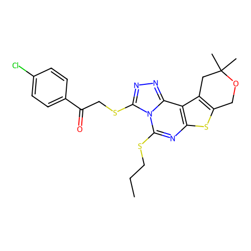 1-(4-chlorophenyl)-2-((10,10-dimethyl-5-(propylthio)-10,11-dihydro-8H-pyrano[4',3':4,5]thieno[3,2-e][1,2,4]triazolo[4,3-c]pyrimidin-3-yl)thio)ethanone structure
