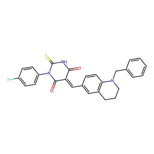 (5E)-5-[(1-benzyl-1,2,3,4-tetrahydroquinolin-6-yl)methylidene]-1-(4-fluorophenyl)-2-sulfanylpyrimidine-4,6(1H,5H)-dione structure