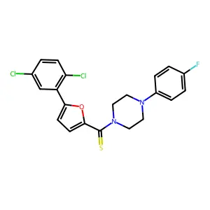 (5-(2,5-dichlorophenyl)furan-2-yl)(4-(4-fluorophenyl)piperazin-1-yl)methanethione structure