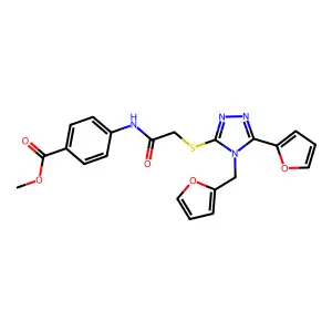 methyl 4-[({[5-(furan-2-yl)-4-(furan-2-ylmethyl)-4H-1,2,4-triazol-3-yl]sulfanyl}acetyl)amino]benzoate structure
