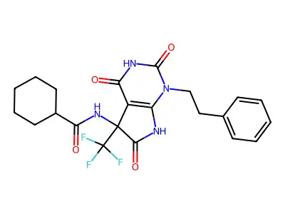 N-(2,4,6-trioxo-1-phenethyl-5-(trifluoromethyl)-2,3,4,5,6,7-hexahydro-1H-pyrrolo[2,3-d]pyrimidin-5-yl)cyclohexanecarboxamide structure