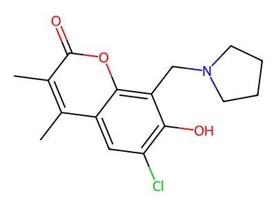 6-chloro-7-hydroxy-3,4-dimethyl-8-(pyrrolidin-1-ylmethyl)-2H-chromen-2-one structure