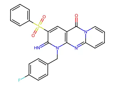 5-(benzenesulfonyl)-7-[(4-fluorophenyl)methyl]-6-imino-1,7,9-triazatricyclo[8.4.0.0^{3,8}]tetradeca-3(8),4,9,11,13-pentaen-2-one structure