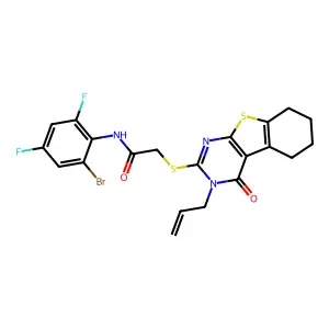 N-(2-bromo-4,6-difluorophenyl)-2-{[4-oxo-3-(prop-2-en-1-yl)-3,4,5,6,7,8-hexahydro[1]benzothieno[2,3-d]pyrimidin-2-yl]sulfanyl}acetamide structure