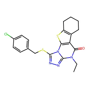 1-((4-chlorobenzyl)thio)-4-ethyl-6,7,8,9-tetrahydrobenzo[4,5]thieno[3,2-e][1,2,4]triazolo[4,3-a]pyrimidin-5(4H)-one structure