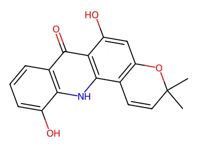 6,11-dihydroxy-3,3-dimethyl-12H-pyrano[2,3-c]acridin-7-one structure