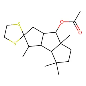 Spiro[2H-cyclopenta[a]pentalene-2,2'-[1,3]dithiolan]-7-ol, decahydro-3,4,4,6a-tetramethyl-, acetate structure
