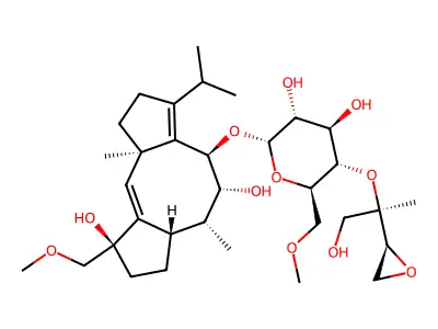 alpha-D-Glucopyranoside, (4R,5R,6R,6aS,9R,10aR)-1,2,4,5,6,6a,7,8,9,10a-decahydro-5,9-dihydroxy-9-(methoxymethyl)-6,10a-dimethyl-3-(1-methylethyl)dicyclopenta[a,d]cycloocten-4-yl 4-O-[(1R,2S)-2-hydroxy-1-methyl-1-oxiranylethyl]-6-O-methyl- structure