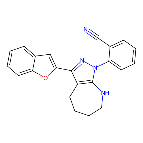 2-(10-benzofuran-2-yl-6,8,9-triazabicyclo[5.3.0]deca-6,10-dien-8-yl)benzonitrile structure