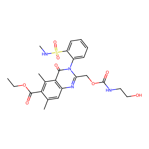 ethyl 2-[({[(2-hydroxyethyl)amino]carbonyl}oxy)methyl]-5,7-dimethyl-3-{2-[(methylamino)sulfonyl]phenyl}-4-oxo-3,4-dihydroquinazoline-6-carboxylate structure