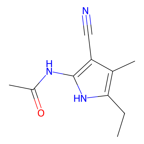 N-(3-cyano-5-ethyl-4-methyl-1H-pyrrol-2-yl)acetamide structure