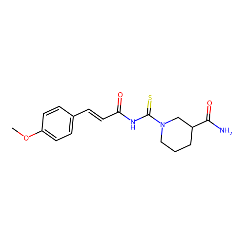 1-{[(2E)-3-(4-methoxyphenyl)prop-2-enoyl]carbamothioyl}piperidine-3-carboxamide structure