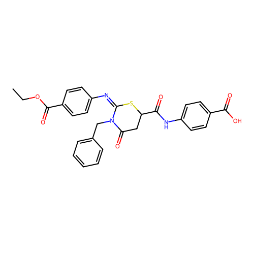 4-({[(2Z)-3-benzyl-2-{[4-(ethoxycarbonyl)phenyl]imino}-4-oxo-1,3-thiazinan-6-yl]carbonyl}amino)benzoic acid structure