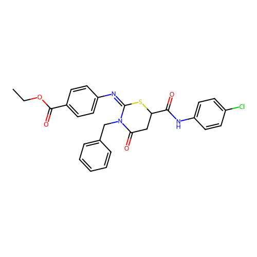 (Z)-ethyl 4-((3-benzyl-6-((4-chlorophenyl)carbamoyl)-4-oxo-1,3-thiazinan-2-ylidene)amino)benzoate structure