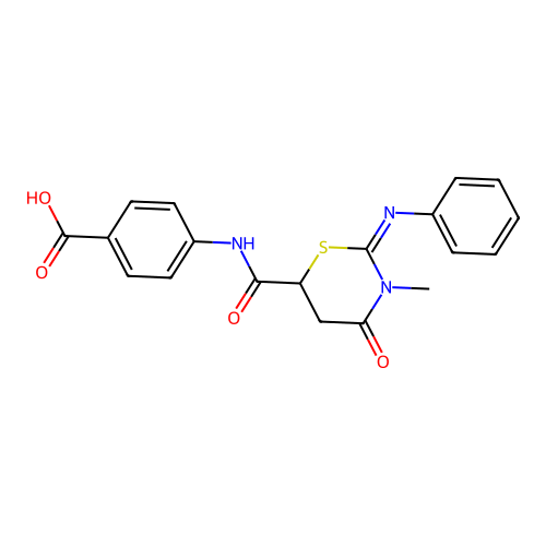 (Z)-4-(3-methyl-4-oxo-2-(phenylimino)-1,3-thiazinane-6-carboxamido)benzoic acid structure