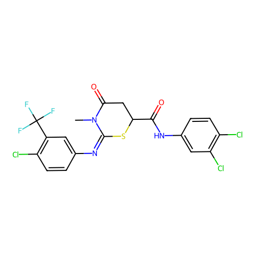 (2Z)-2-{[4-chloro-3-(trifluoromethyl)phenyl]imino}-N-(3,4-dichlorophenyl)-3-methyl-4-oxo-1,3-thiazinane-6-carboxamide structure